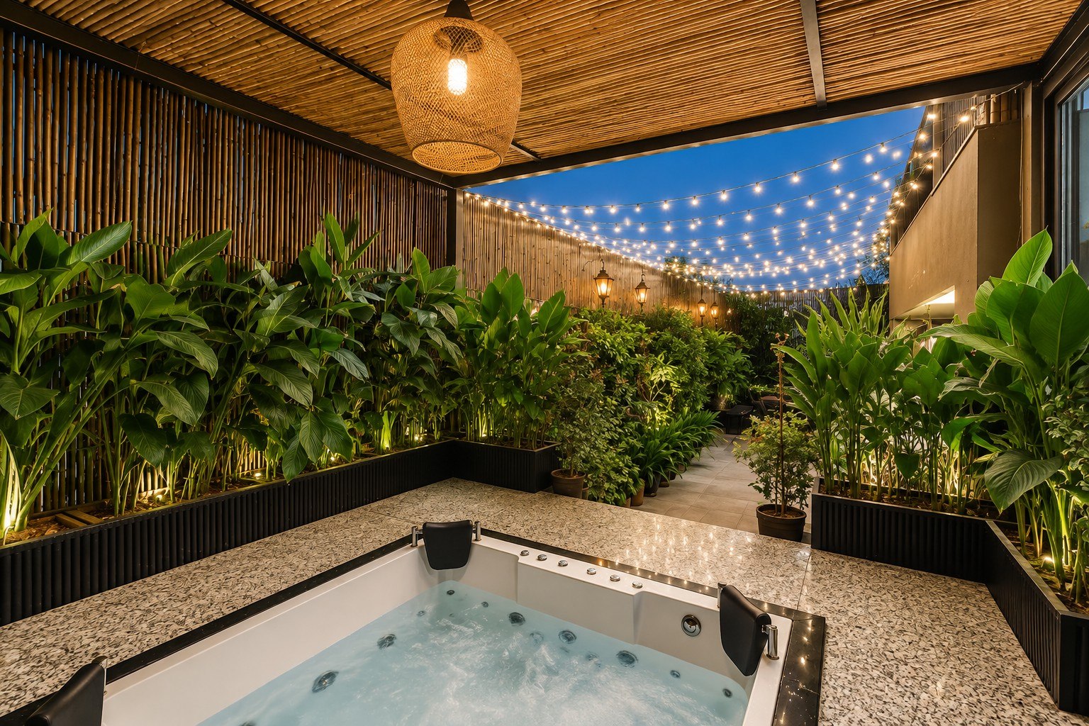Jacuzzi area beneath a covered outdoor structure with plants and string lights.