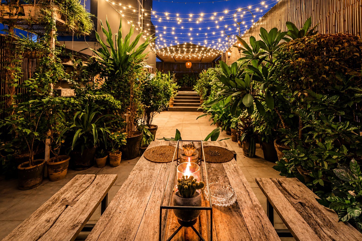 Planted outdoor terrace with seating, greenery, and evening lights.