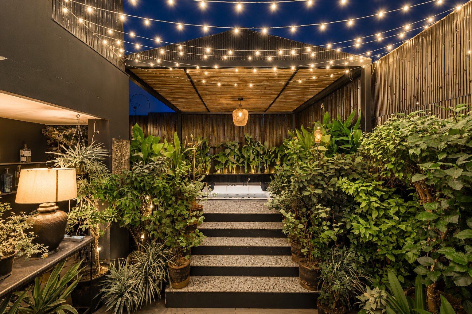 Terrace walkway and garden seating beneath string lights.