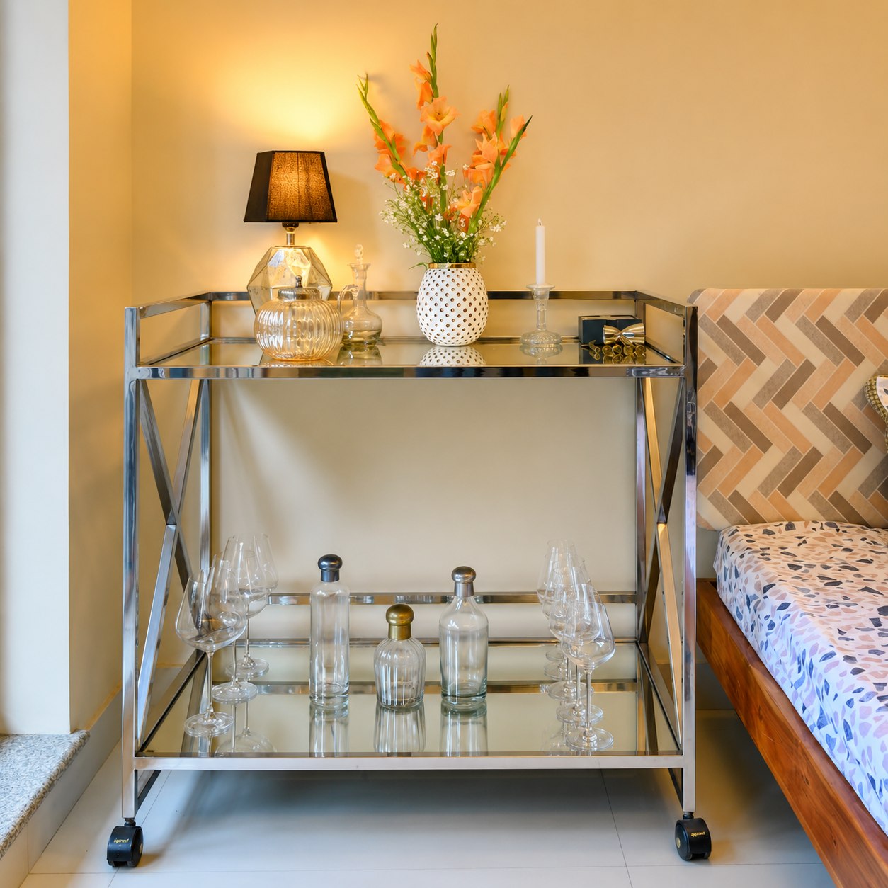 Bar-cart and styling detail within the home.